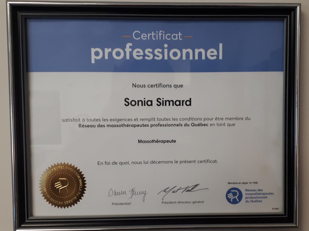 Certificat Professionnel Sonia Simard.